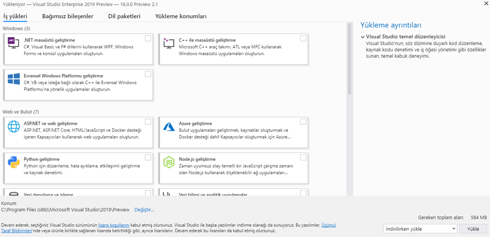 Microsoft Visual Studio 2019 Kurulumu