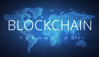 Blockchain technology futuristic hud banner.