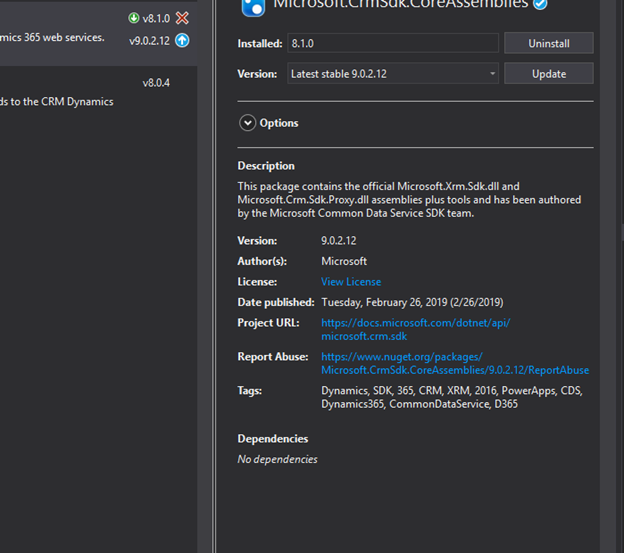crmsdk nuget pacgake dependency