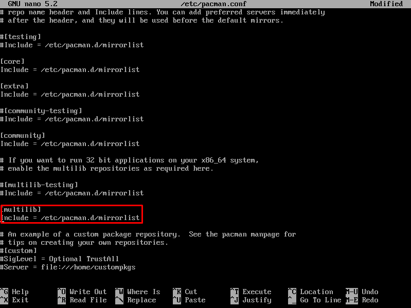 arch linux üzerinde multilib deposunun etkinleştirilmesi