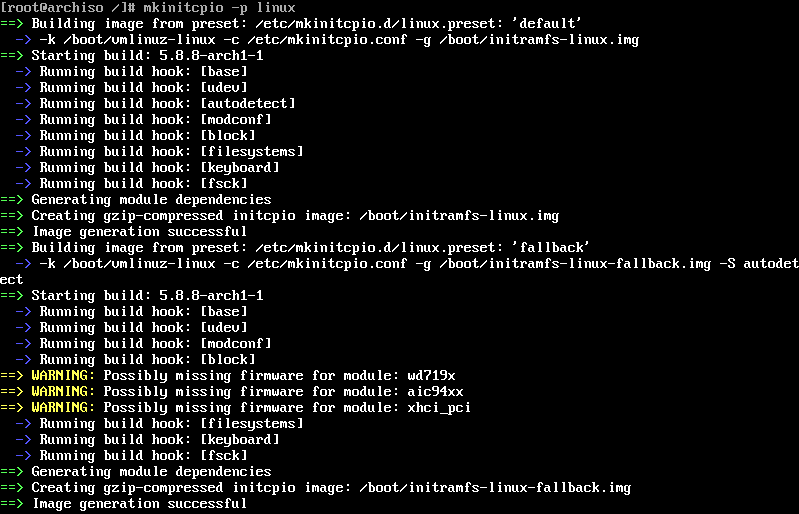 arch linux initial ramdisk ortamının oluşturulması