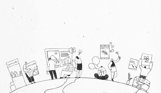 Black and white hand drawn production team doodle art design